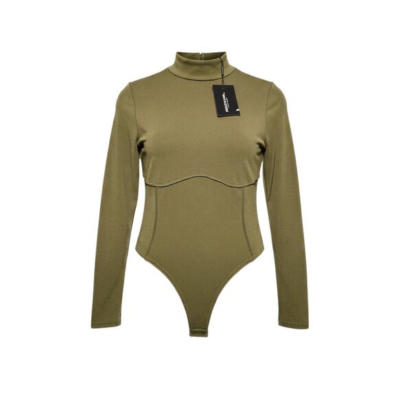 NWT PrettyLittleThings Olive Mock-Neck Long Sleeve Bodysuit Size 12 - Picture 1 of 11